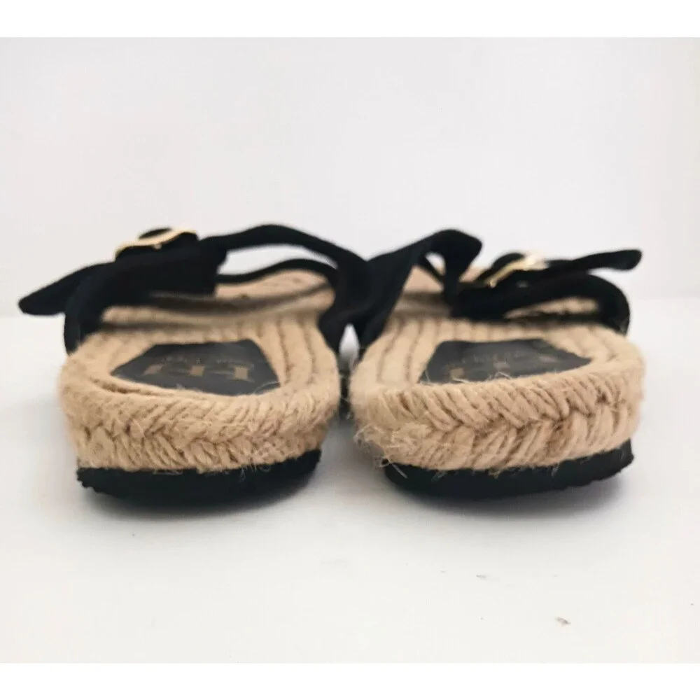 NEW Haute Hippie Blk Suede Straps Gold Buckle Flat Espadrille Slides 8.5M